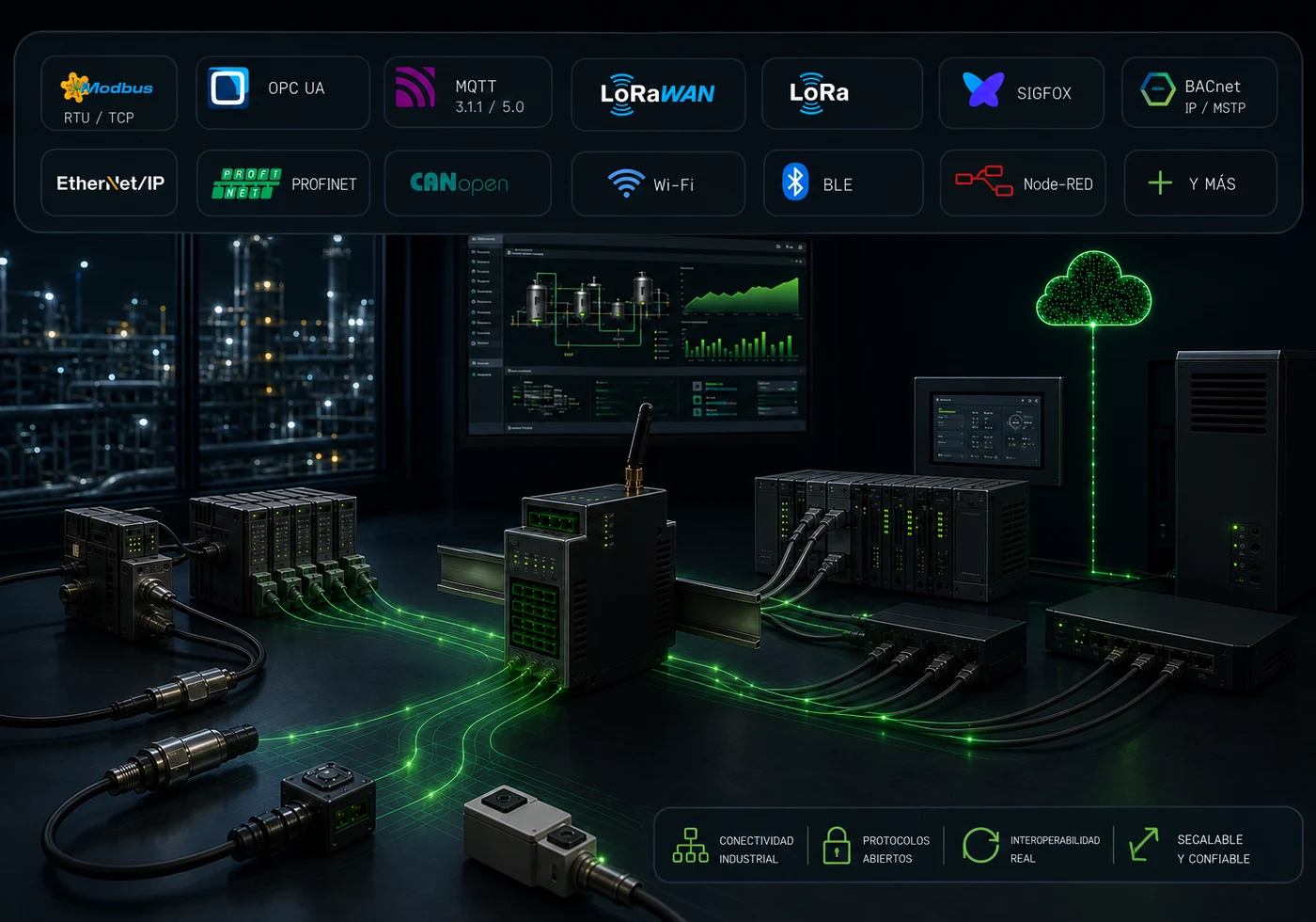Integración industrial GITSA conectando Modbus RTU RS-485, OPC-UA, MQTT, PLC, SCADA, BMS, ERP y nube